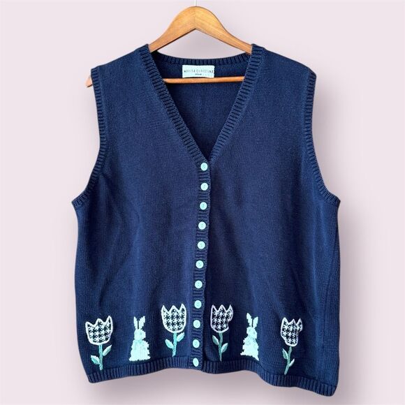 Marisa Christina Sweaters - MARIA CHRISTINA Bunny & Tulip Embroidered Cottagecore Easter Sweater Vest